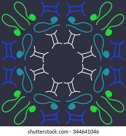 Circular pattern  of zodiac  motif, doodles, objects, Gemini,Lions signs. Hand drawn.