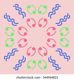 Circular pattern  of zodiac  motif, doodles, objects, Cancers, Aquarius signs. Hand drawn.