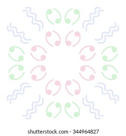 Circular pattern  of zodiac  motif, doodles, objects, Cancers, Aquarius signs. Hand drawn.