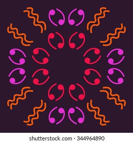 Circular pattern  of zodiac  motif, doodles, objects, Cancers, Aquarius signs. Hand drawn.