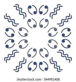 Circular pattern  of zodiac  motif, doodles, objects, Cancers, Aquarius signs. Hand drawn.