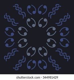 Circular pattern  of zodiac  motif, doodles, objects, Cancers, Aquarius signs. Hand drawn.