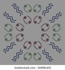 Circular pattern  of zodiac  motif, doodles, objects, Cancers, Aquarius signs. Hand drawn.