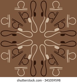 Circular pattern  of zodiac  motifs, doodles, objects, Lion and Libra signs. Hand drawn.