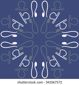 Circular pattern  of zodiac  motifs, doodles, objects, Lion and Libra signs. Hand drawn.