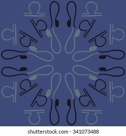 Circular pattern  of zodiac  motifs, doodles, objects, Lion and Libra signs. Hand drawn.