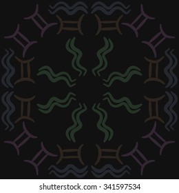 Circular    pattern  of zodiac  motifs, doodles, objects, Aquarius, Gemini signs. Hand drawn.