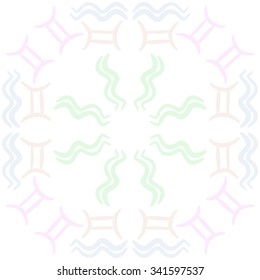 Circular    pattern  of zodiac  motifs, doodles, objects, Aquarius, Gemini signs. Hand drawn.