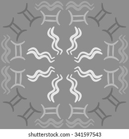 Circular    pattern  of zodiac  motifs, doodles, objects, Aquarius, Gemini signs. Hand drawn.