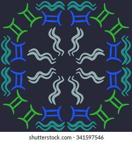 Circular    pattern  of zodiac  motifs, doodles, objects, Aquarius, Gemini signs. Hand drawn.