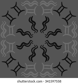 Circular    pattern  of zodiac  motifs, doodles, objects, Aquarius, Gemini signs. Hand drawn.