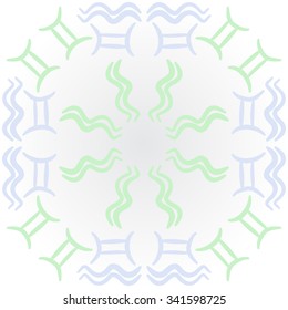 Circular    pattern  of zodiac  motifs, doodles, objects, Aquarius, Gemini signs. Hand drawn.
