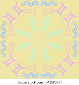Circular    pattern  of zodiac  motifs, doodles, objects, Aquarius, Gemini signs. Hand drawn.