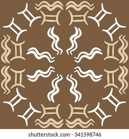 Circular    pattern  of zodiac  motifs, doodles, objects, Aquarius, Gemini signs. Hand drawn.