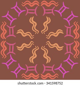 Circular    pattern  of zodiac  motifs, doodles, objects, Aquarius, Gemini signs. Hand drawn.