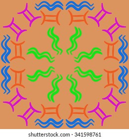 Circular    pattern  of zodiac  motifs, doodles, objects, Aquarius, Gemini signs. Hand drawn.