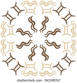 Circular    pattern  of zodiac  motifs, doodles, objects, Aquarius, Gemini signs. Hand drawn.