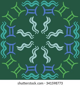 Circular    pattern  of zodiac  motifs, doodles, objects, Aquarius, Gemini signs. Hand drawn.