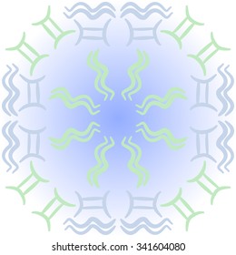 Circular    pattern  of zodiac  motifs, doodles, objects, Aquarius, Gemini signs. Hand drawn.
