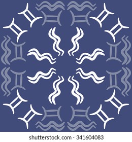 Circular    pattern  of zodiac  motifs, doodles, objects, Aquarius, Gemini signs. Hand drawn.