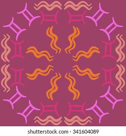 Circular    pattern  of zodiac  motifs, doodles, objects, Aquarius, Gemini signs. Hand drawn.