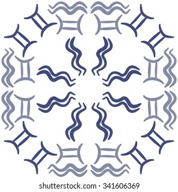 Circular    pattern  of zodiac  motifs, doodles, objects, Aquarius, Gemini signs. Hand drawn.