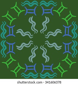 Circular    pattern  of zodiac  motifs, doodles, objects, Aquarius, Gemini signs. Hand drawn.