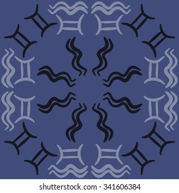 Circular    pattern  of zodiac  motifs, doodles, objects, Aquarius, Gemini signs. Hand drawn.