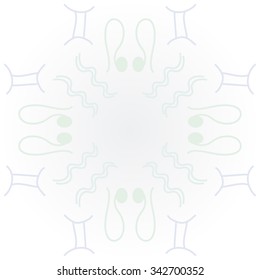 Circular    pattern  of zodiac  motifs, doodles, objects, Aquarius, Gemini, Lion signs. Hand drawn.