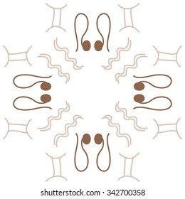 Circular    pattern  of zodiac  motifs, doodles, objects, Aquarius, Gemini, Lion signs. Hand drawn.