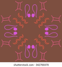 Circular    pattern  of zodiac  motifs, doodles, objects, Aquarius, Gemini, Lion signs. Hand drawn.