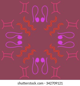 Circular    pattern  of zodiac  motifs, doodles, objects, Aquarius, Gemini, Lion signs. Hand drawn.