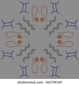 Circular    pattern  of zodiac  motifs, doodles, objects, Aquarius, Gemini, Lion signs. Hand drawn.