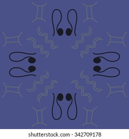 Circular    pattern  of zodiac  motifs, doodles, objects, Aquarius, Gemini, Lion signs. Hand drawn.