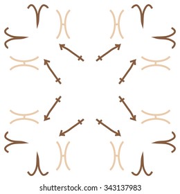 Circular    pattern  of zodiac  motifs, doodles, objects,Aries, Sagittarius, Lion signs. Hand drawn.