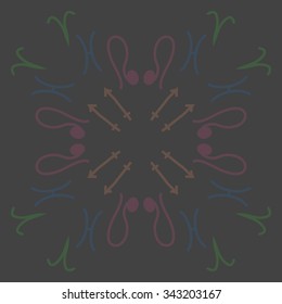 Circular    pattern  of zodiac  motifs, doodles, objects,Aries, Sagittarius,pisces, Lion signs. Hand drawn.