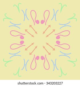 Circular    pattern  of zodiac  motifs, doodles, objects,Aries, Sagittarius,pisces, Lion signs. Hand drawn.