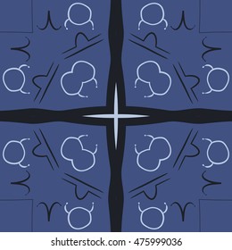 Circular  pattern of zodiac signs, cross. Hand drawn.
