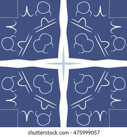 Circular  pattern of zodiac signs, cross. Hand drawn.
