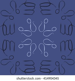 Circular pattern of zodiac signs, doodles, object,virgo,lions,. Hand drawn.