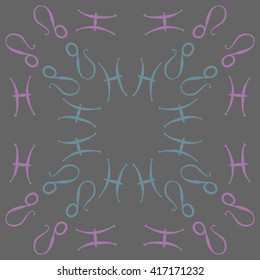 Circular pattern of zodiac signs, doodles, object,pisces,lions, copy space. Hand drawn.