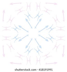 Circular pattern of zodiac signs, doodles, object,pisces,sagittarius. Hand drawn.