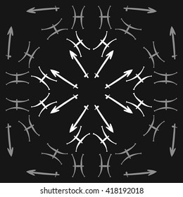 Circular pattern of zodiac signs, doodles, object,pisces,sagittarius. Hand drawn.