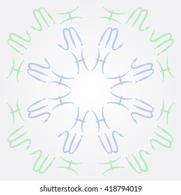 Circular pattern of zodiac signs, doodles, object,pisces,scorpio,  copy space. Hand drawn.