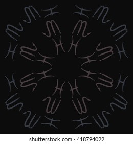 Circular pattern of zodiac signs, doodles, object,pisces,scorpio,  copy space. Hand drawn.
