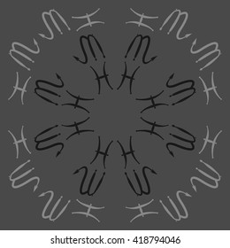 Circular pattern of zodiac signs, doodles, object,pisces,scorpio,  copy space. Hand drawn.