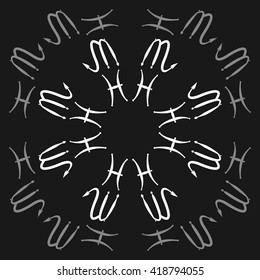 Circular pattern of zodiac signs, doodles, object,pisces,scorpio,  copy space. Hand drawn.