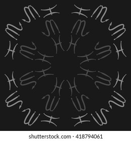 Circular pattern of zodiac signs, doodles, object,pisces,scorpio,  copy space. Hand drawn.