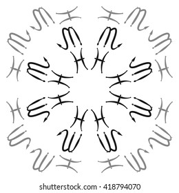 Circular pattern of zodiac signs, doodles, object,pisces,scorpio,  copy space. Hand drawn.