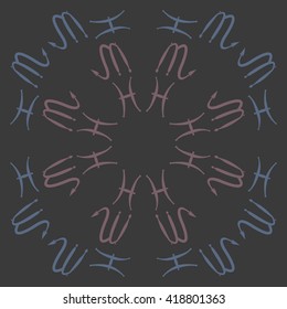 Circular pattern of zodiac signs, doodles, object,pisces,scorpio,  copy space. Hand drawn.